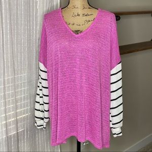 Pink Lily Pullover Striped Sleeve Top PINK 1XL